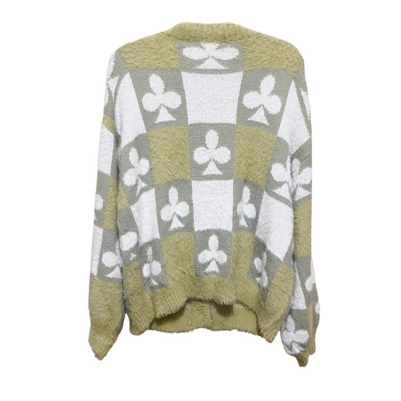 Sweater Cardigan Womens Large Green Spades Clover NWT Button Front Loose V-Neck - Picture 2 of 10